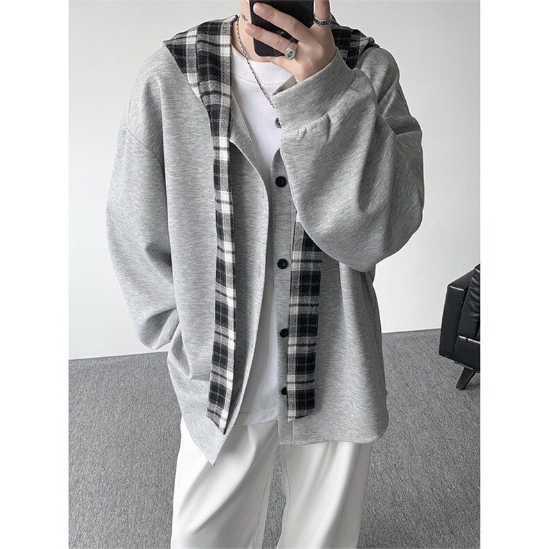 WY10143-特p49 控88 设计感高质感大帽子连帽格子撞色大码卫衣男图片