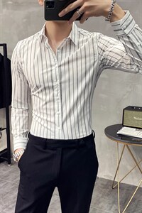 21秋季M-5XL条纹衬衫男长袖韩版修身休闲衬衣男 打底 CS203TP45图片