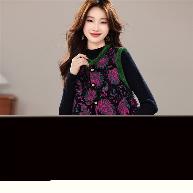 冬季新款加棉新中式圆领拼接丝绒设计款马甲气质优雅两件套裙女，女装套装/套裙，宝儿家