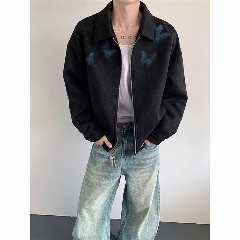 RTIMFD暗黑短款麂皮蝴蝶拉链夹克复古boxy短宽版氛围感显身材外套，男装夹克，星座813-3