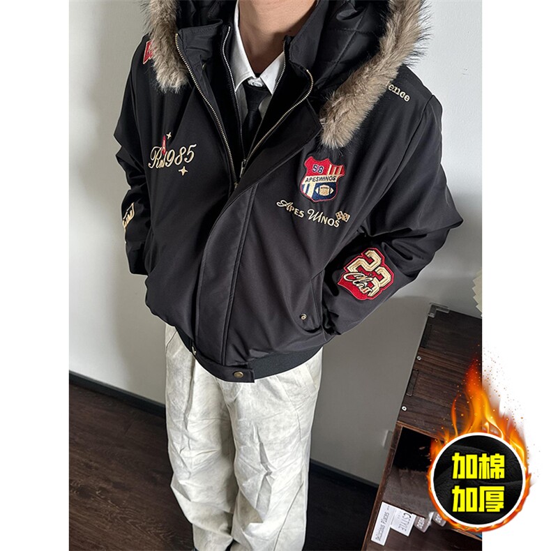 现货高品质美式高街重磅刺绣座山雕大毛毛领棉衣男女加厚棉服外套，男装棉衣，电商A486-1