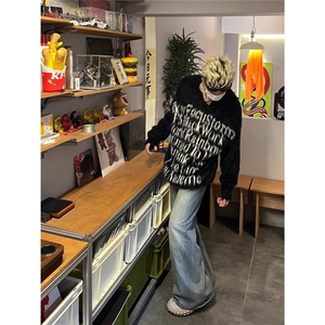 水貂绒字母提花毛衣男女秋冬保暖美式慵懒风连帽针织衫潮宽松外套图片