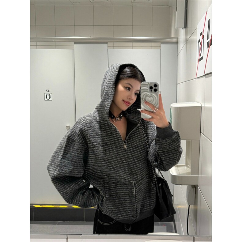 美式复古条纹拉链开衫连帽卫衣男女宽松休闲百搭情侣外套WY66,女装短外套,星座516A