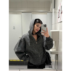 美式复古条纹拉链开衫连帽卫衣男女宽松休闲百搭情侣外套WY66，女装短外套，星座516A