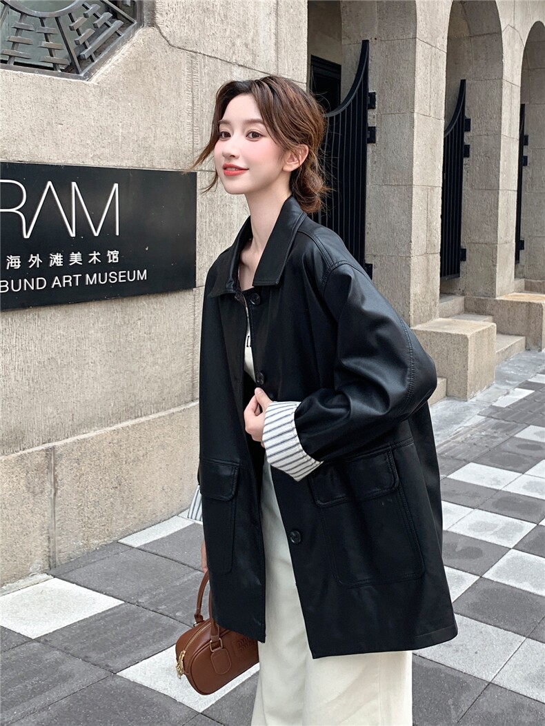 2025秋新款条纹拼接皮衣外套复古夹克上衣223-1385-P170K238,女装皮衣,莘蕾