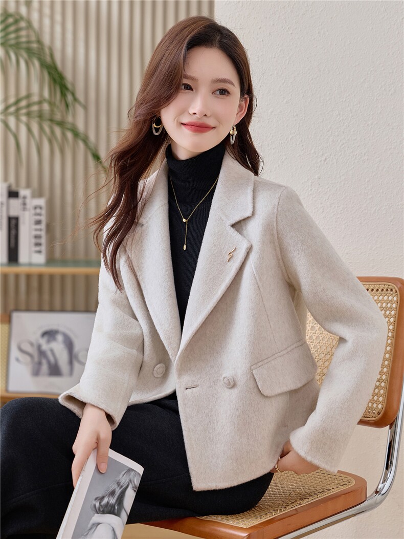 时尚西装翻领双面羊毛大衣女短款2025秋冬新款小个子显瘦毛呢外套,女装毛呢外套,韩宇舍