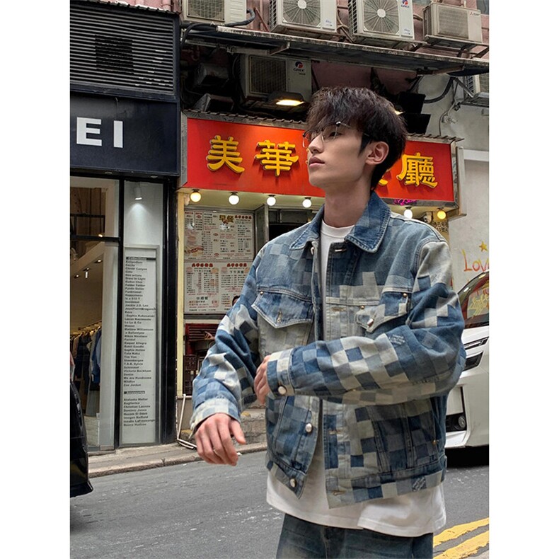 马赛克棋盘格夹克牛仔外套JK082特P64,男装工装外套,星座908-1