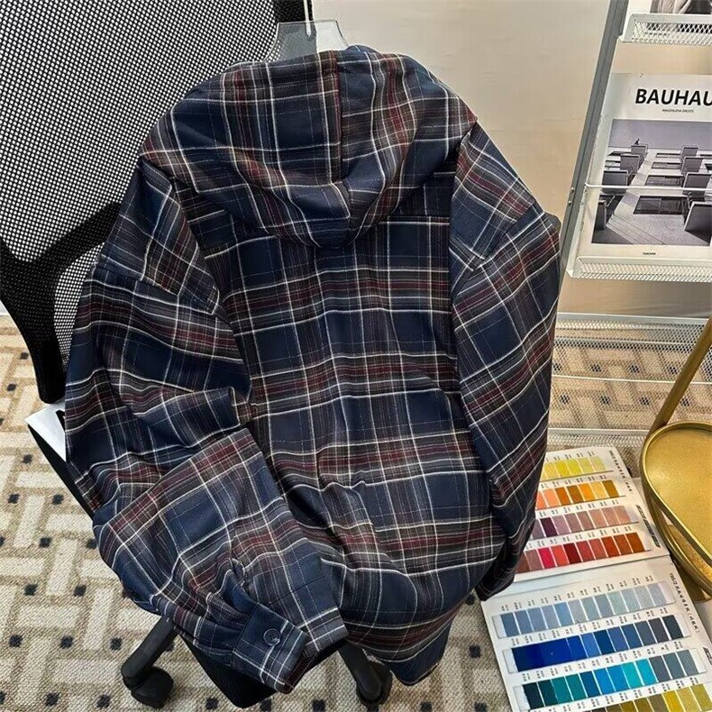 美式复古格子连帽衬衫男潮牌设计高级感宽松休闲长袖格纹衬衣外套,男装衬衫,星座601-1