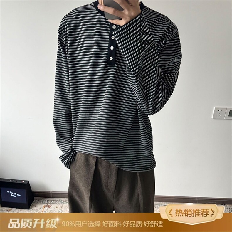 美式亨利领条纹长袖t恤男秋季慵懒风卫衣cleanfit叠穿内搭打底衫,男装T恤,星座1013-1