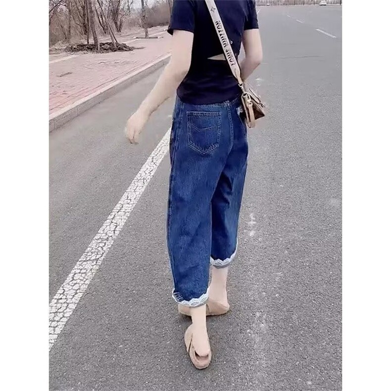 2025夏季新款八分直筒牛仔裤女显瘦拼接弯刀裤大码薄款遮肉阔腿裤,男装牛仔裤,星座1210-1