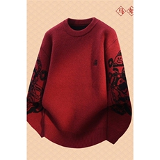 M6357-P58红色圆领针织衫男款冬季跨年氛围感连帽毛衣慵懒风情侣，男装针织衫/毛衣，电商D310B