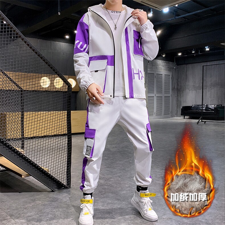 新款主推男士连帽工装夹克套装加绒加厚休闲运动两件套T808,男装休闲套装,电商B226-2（原B217-2）