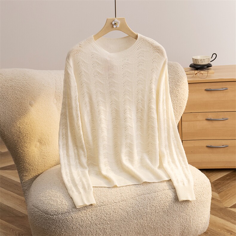2025年秋季时尚百搭通勤简约休闲白色钻镂空，女装羊绒衫，盛世绒华