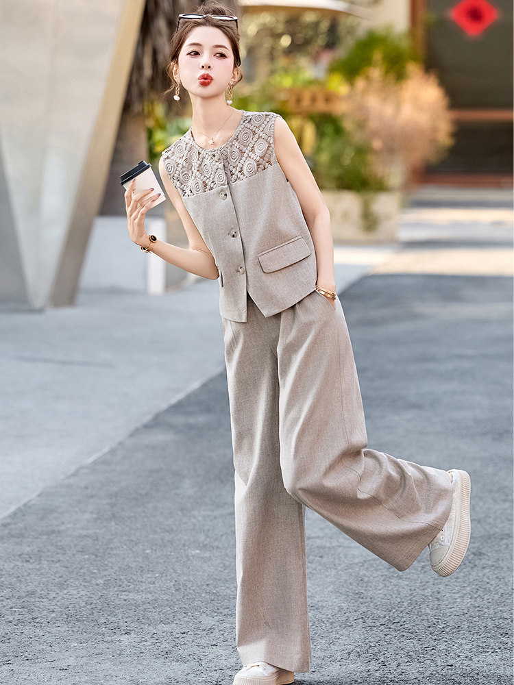 小香风套装女2026春夏新款韩系穿搭减龄背心洋气时尚阔腿裤两件套,女装套装/套裙,美沁