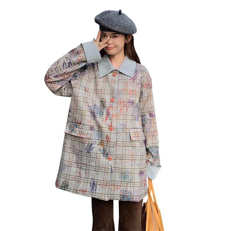 韩系休闲减龄单排扣灰色格子涂鸦风衣外套女2025春秋独特漂亮上衣,女装风衣,浙宝276（原081）