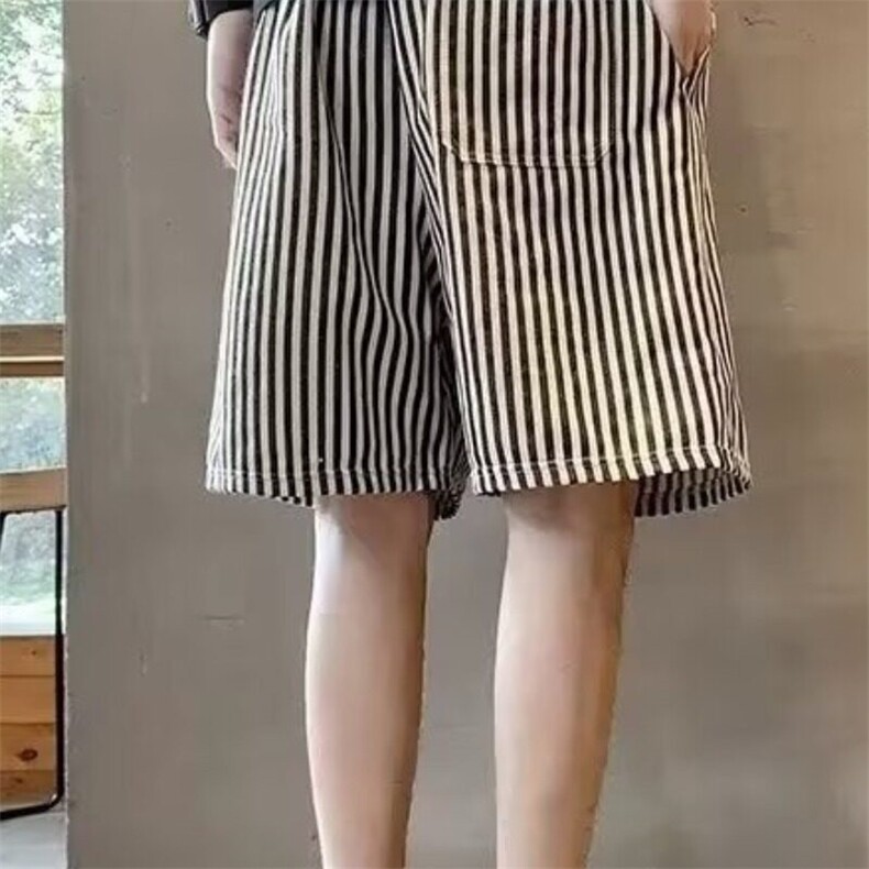 日系黑白竖条纹短裤男生夏季宽松休闲高级感抽绳直筒运动五分中裤,男装休闲裤,星座506A