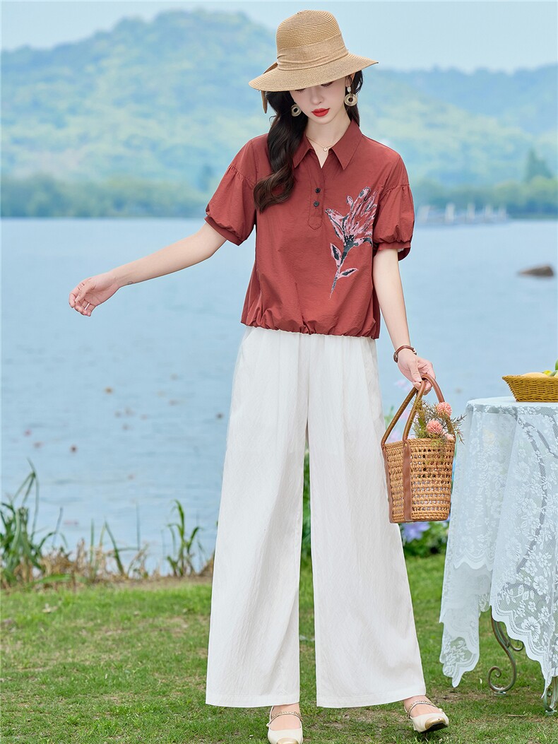 2026年夏季时尚水墨印花套装衬衫裤子套装,女装套装/套裙,依路服饰