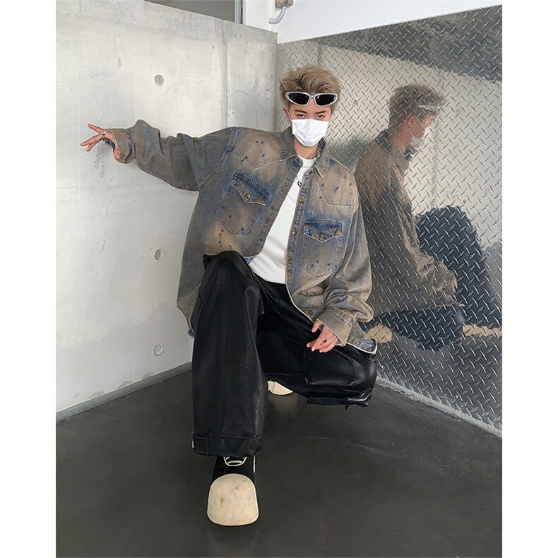 2025秋装复古蓝做旧牛仔衬衫废土风长袖衬衣情侣A025-Y40-P75,男装衬衫,电商A025