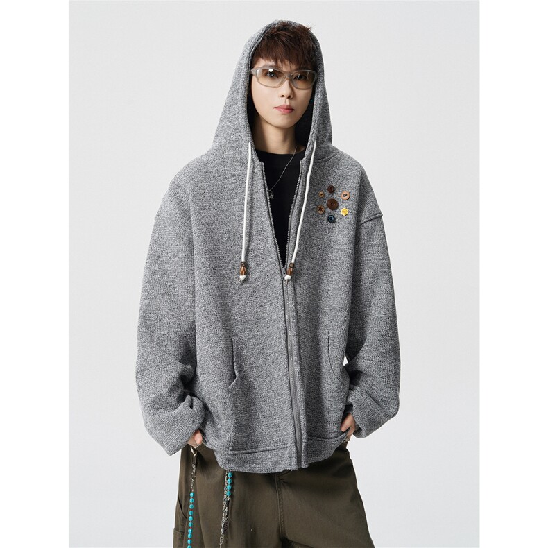 美式复古设计感针织连帽外套男女小众慵懒卫衣开衫潮牌WY21P78,女装短外套,电商D206-1