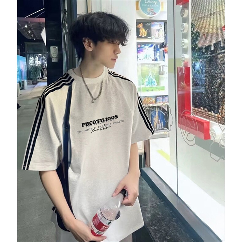 抖音得物品质二开240克宽松纯棉美式潮牌印花三条杠中性风短袖T恤，男装T恤，电商A486-1