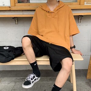 连帽五分袖t恤男ins超火网红港风潮嘻哈宽松百搭短袖卫衣4390-p35,男装T恤,星座1008-2