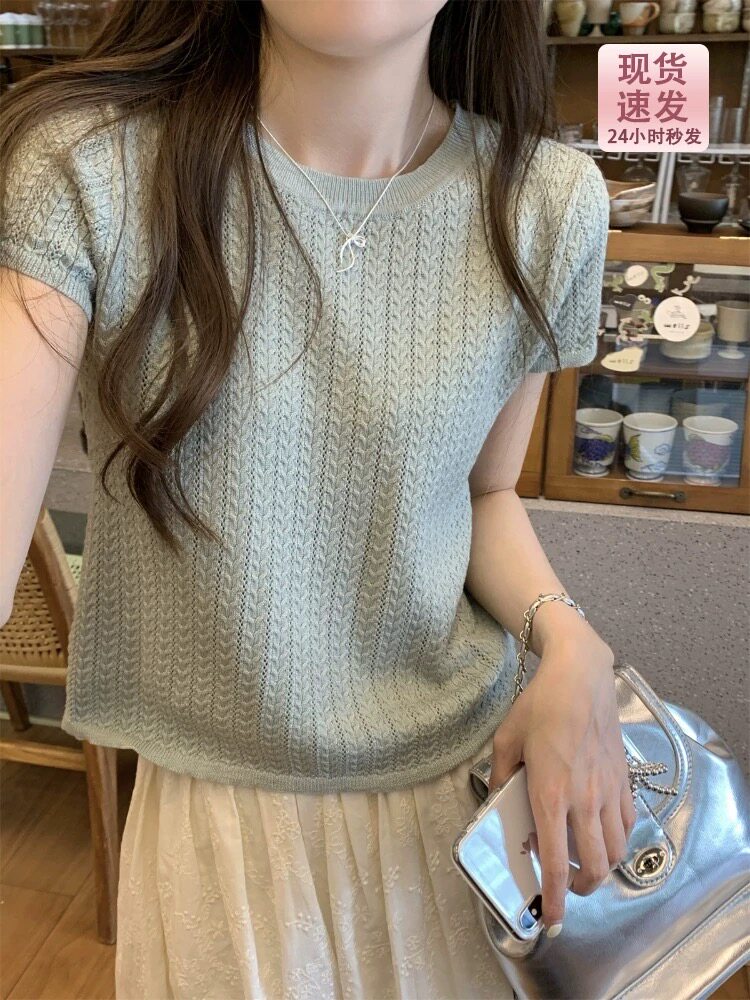 法式麻花镂空薄款天丝短袖针织衫女夏季宽松短款小个子棉麻T恤衫,女装T恤,雪真羊绒