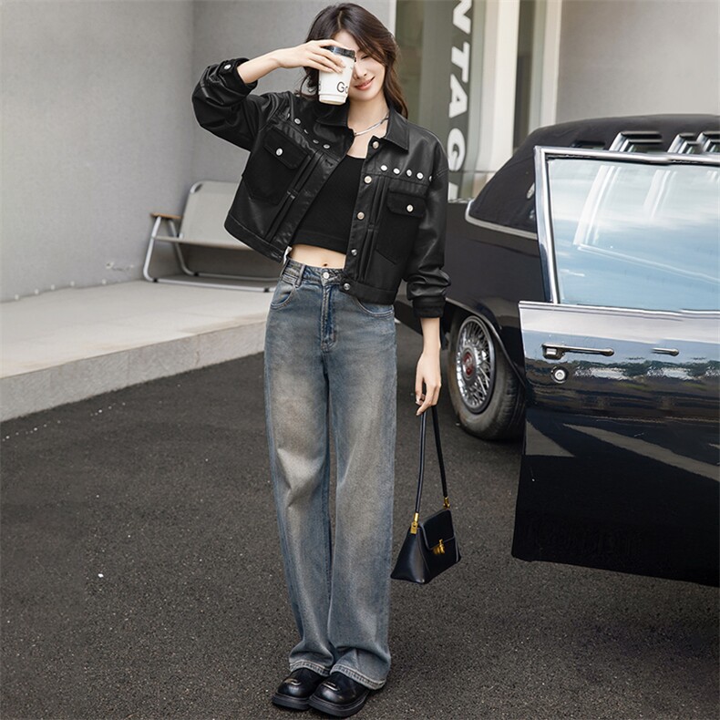 2024春秋新款美拉德柳钉短外套上衣美式复古皮衣女工装短款皮夹克，女装皮衣，美拉德工厂直营店