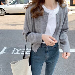 反季清仓羊毛开衫女短款圆领毛衣外套宽松百搭针织外搭图片
