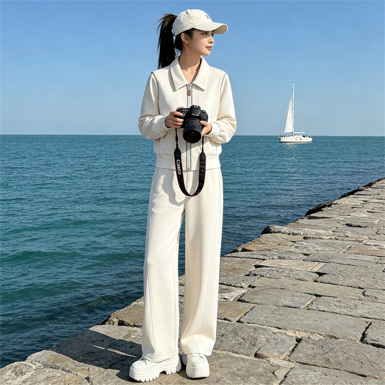 时尚减龄女春季气质休闲套装高级感杏色翻领开衫外套阔腿裤两件套图片