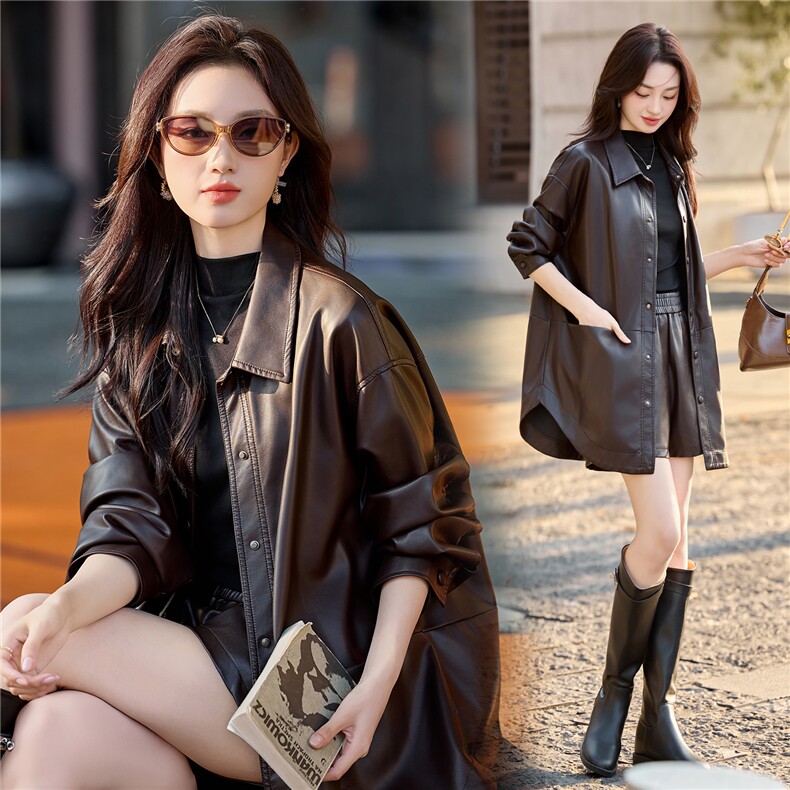 法式气质休闲女春季长袖2025新款漂亮拼接收腰显瘦皮大衣，女装皮衣，韩美纤衣