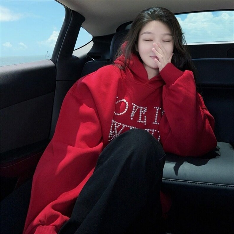 美式复古小众设计感圣诞珍珠红色卫衣女秋冬潮牌上衣外套W880,男装卫衣,星座1116A（原606A-3）