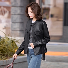 港风机车立领高端皮衣外套女2025春秋季新款休闲系带收腰夹克上衣，女装皮衣，美拉德工厂直营店