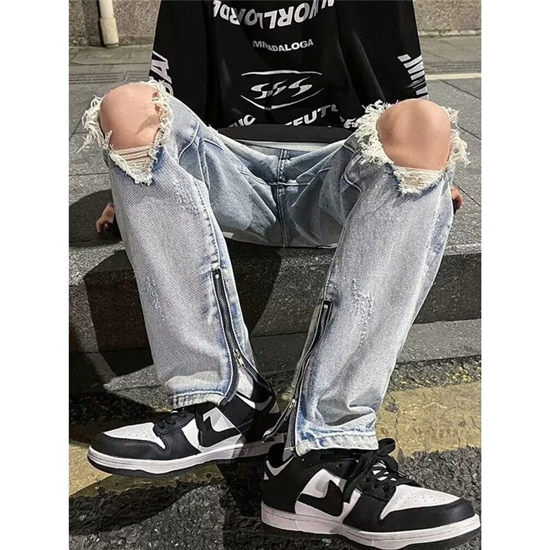 夏季vibe高街百搭潮牌破洞牛仔裤男宽松痞帅直筒休闲阔腿地拖图片