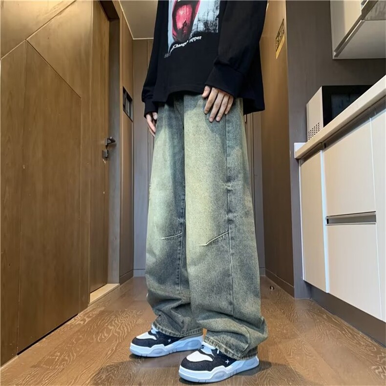 水洗做旧牛仔裤男春秋宽松阔腿直筒拖地长裤炸街痞帅裤子1301-P40,男装牛仔裤,星座910-5