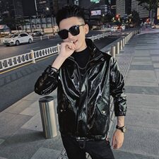 春款社会风小伙PU皮亮面修身立领黑武士机车夹克D1150-P115控148，男装皮衣，星座308A