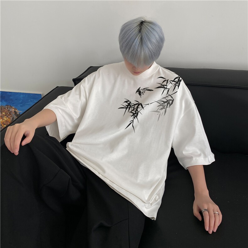 抖音品质直播得物风新中式竹叶印花短袖T恤dcm298-特批20控38,男装T恤,星座605(原A050)