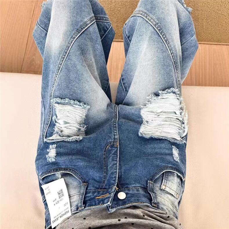 大码美式复古渐变水洗破洞牛仔七分裤男女夏季直筒宽松阔腿中裤潮,男装牛仔裤,星座1210-1