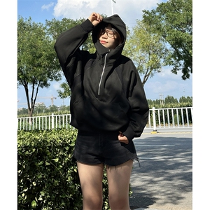 抖音得物二开 美式重磅宽松结构拉链设计防风高领连帽卫衣外套W76图片