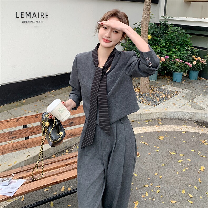 韩系高级感穿搭一整套装女2025新款春季飘带西装外套阔腿裤两件套,女装套装/套裙,辉之琳