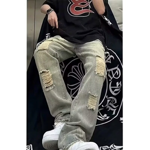 水洗黄泥染窄版毛边破洞牛仔裤男款百搭直筒显瘦显高堆积感长裤潮图片