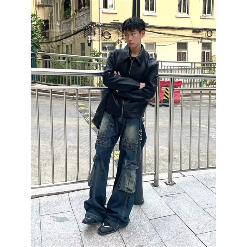 W10909-P68网图现货重工水洗做旧解构牛仔裤美式街头宽松休闲裤,男装牛仔裤,星座1608