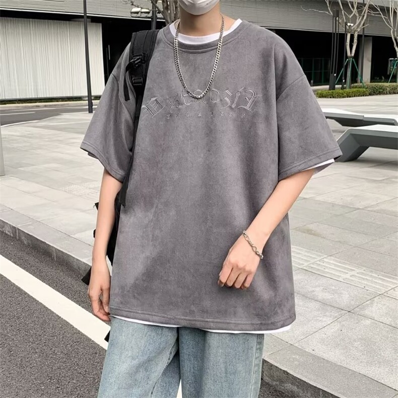 麂皮绒短袖t恤男夏季美式半袖体恤潮牌宽松青少年上衣T101 309B-3图片
