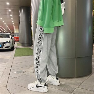 K725-P45    秋季港风大码针织豹纹运动裤男直筒夜光反光休闲裤图片