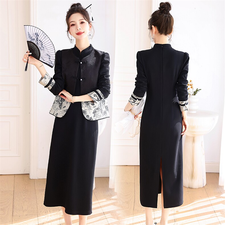 新中式G风改良旗袍套装女2026年春秋新款高级感禅意连衣裙两件套，女装套装/套裙，奕薇雅