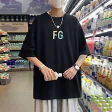 2024夏季新款宽松大码港风反光FG字母运动短袖纯棉T恤T1915-P22,男装T恤,星座508（原C305）