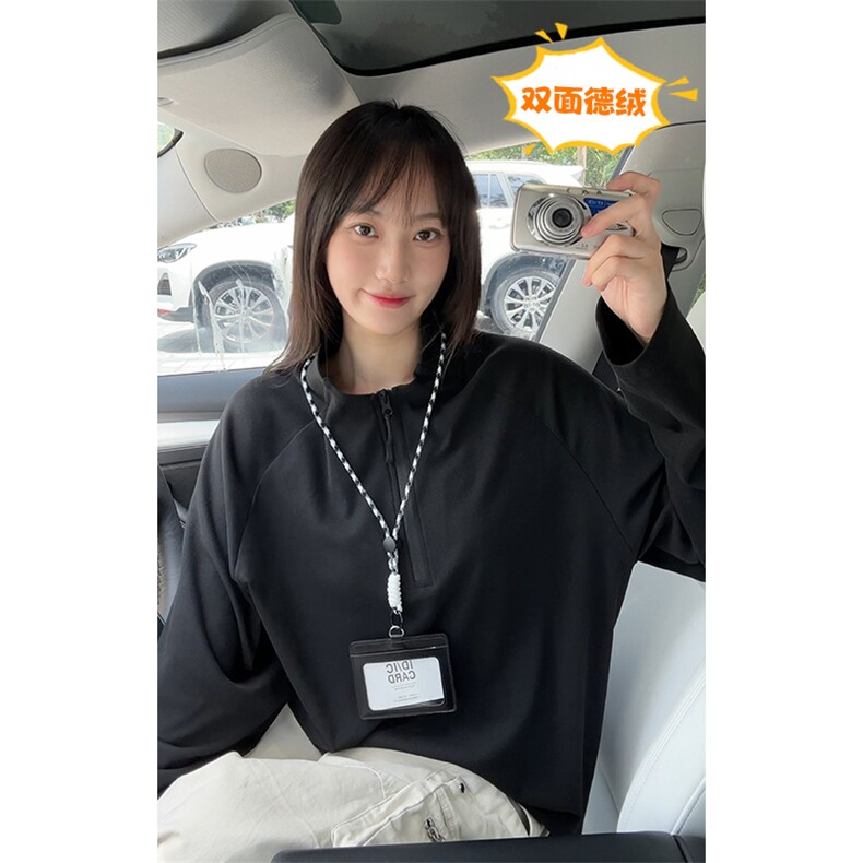千鸟格拼接亨利领卫衣男款秋季美式老钱风长袖t恤内搭打底polo衫,男装T恤,电商A001-1