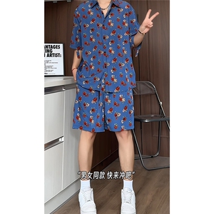 短袖衬衫男+短裤男套装男100%聚酯纤维M-5XL大码TZ78702P50控98图片