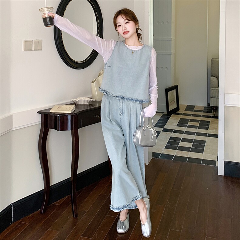 现货木耳边洗白牛仔上衣内搭+阔腿裤三件套2C239-H65-P195-K278,女装套装/套裙,2C239
