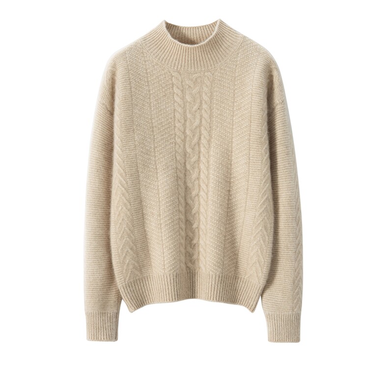 2024秋冬新款百搭简约时尚麻花格半高领羊绒衫,女装羊绒衫,暖珍羊绒