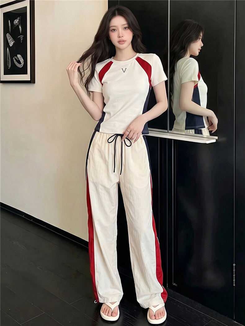 韩版时尚休闲套装女夏季新款高级感圆领撞色拼接上衣阔腿裤两件套,女装套装/套裙,江南